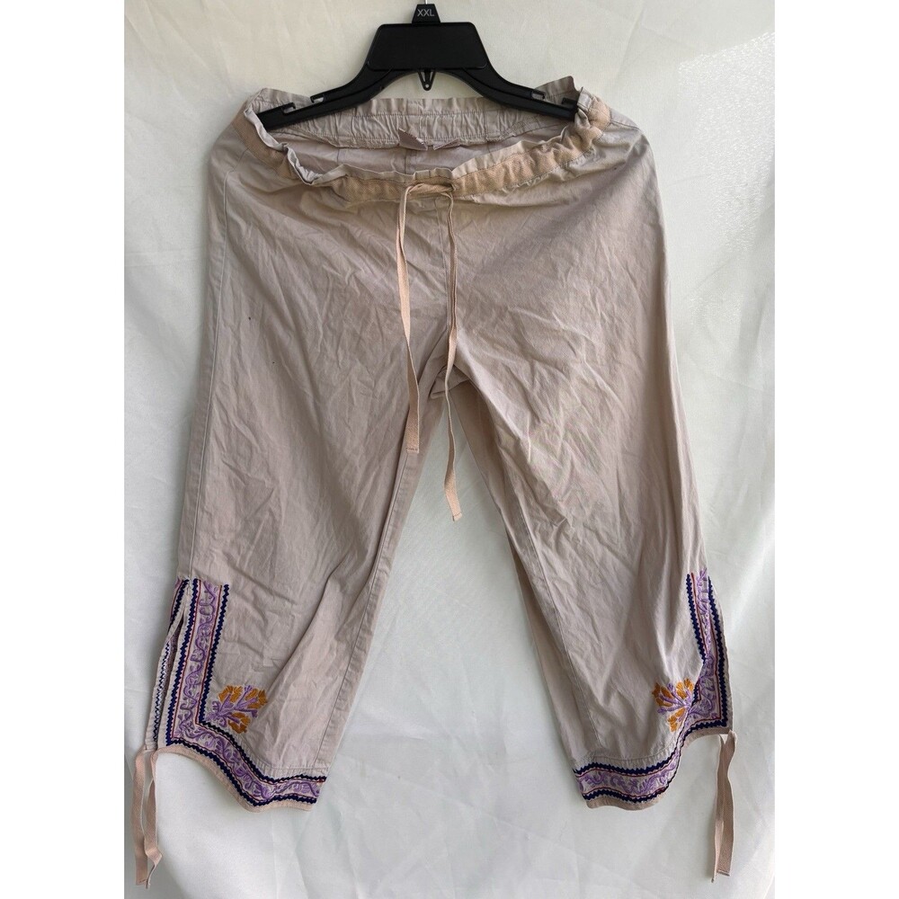 Henna Capri Embroidery Beige Linen Pants Small